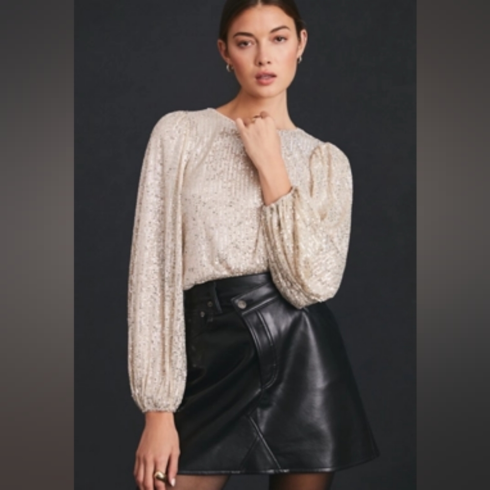 Anthropologie Flat White Long Sleeve Sequin Top Cream XLP